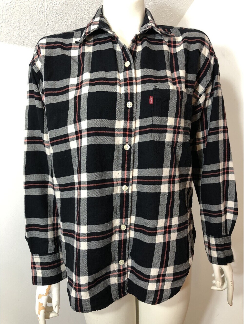 Levis Womens Size Small Plaid Flannel Shirt Black White Pink Pocket